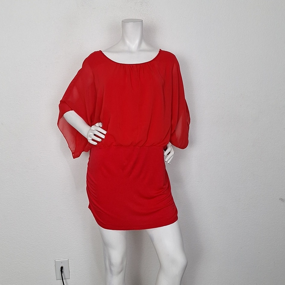 Women’s Red Romantic Elegant Sheer Batwing Sleeves Tunic Mini Dress Size 2X
